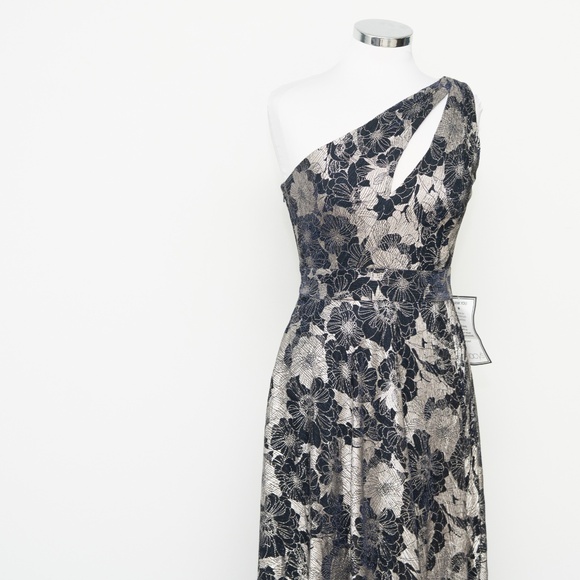 Betsy & Adam - Gwen Long One Shoulder Wrap Foil Flower Dress - Picture 8 of 12